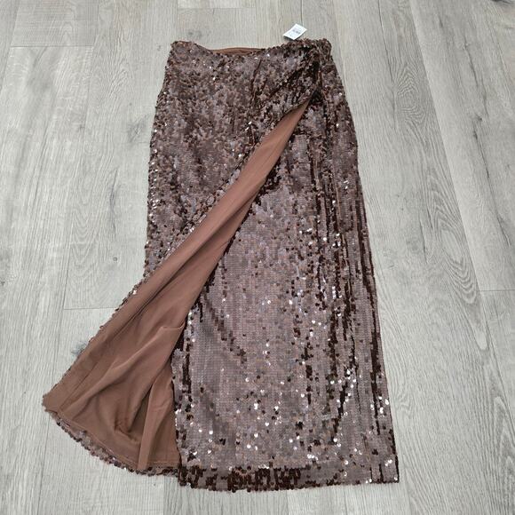 LOFT NWT Sequin Wrap Maxi Skirt Size 4 Brown Sparkle Evening Holiday Party Glam - Picture 3 of 6